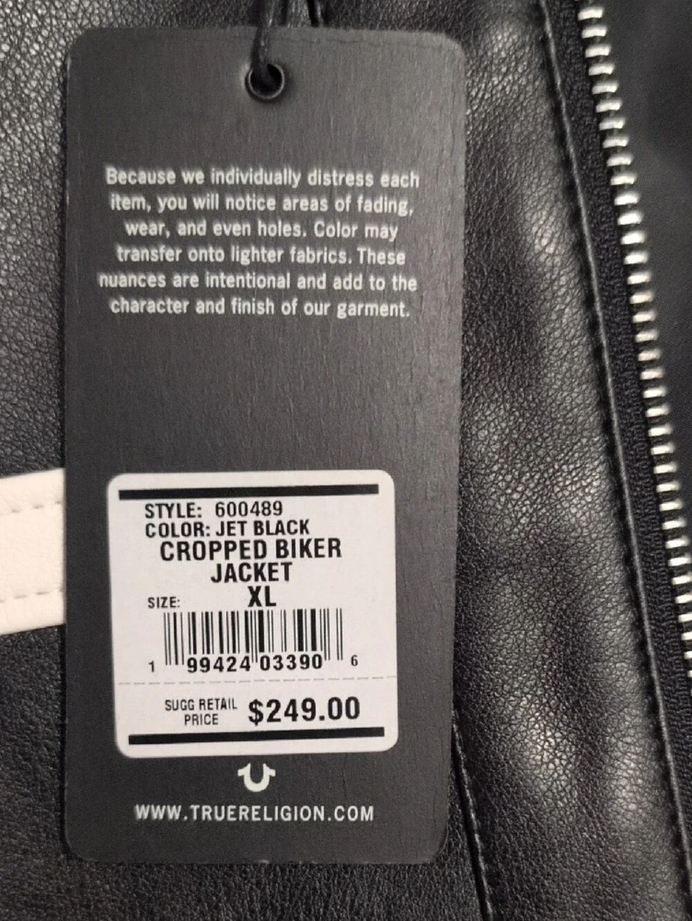 True Religion Black Leather Cropped Biker Jacket with White Racing Stripes